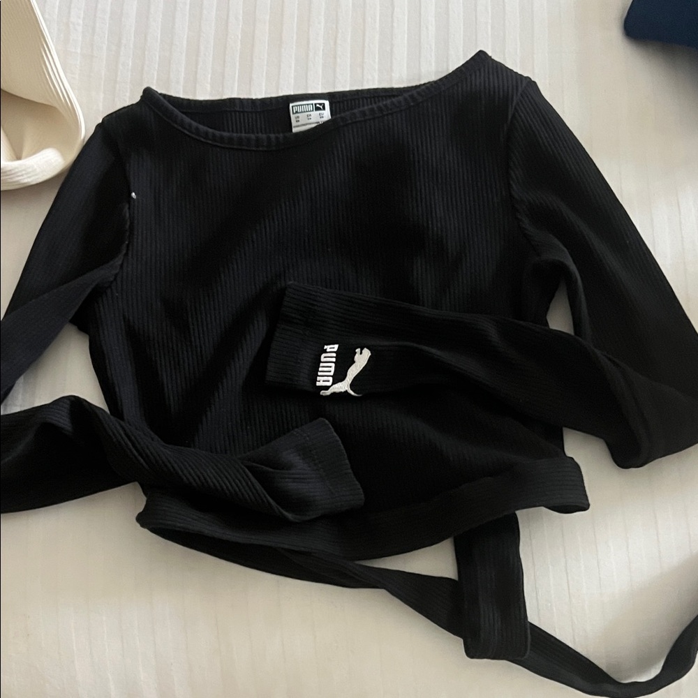 Puma Black Ribbed Long Sleeve Wrap Tie Top